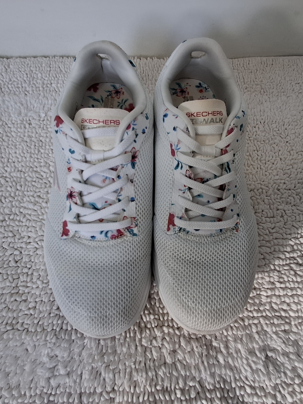 Skechers Go Walk Women White Sneakers with Pink & Blue Floral Trim